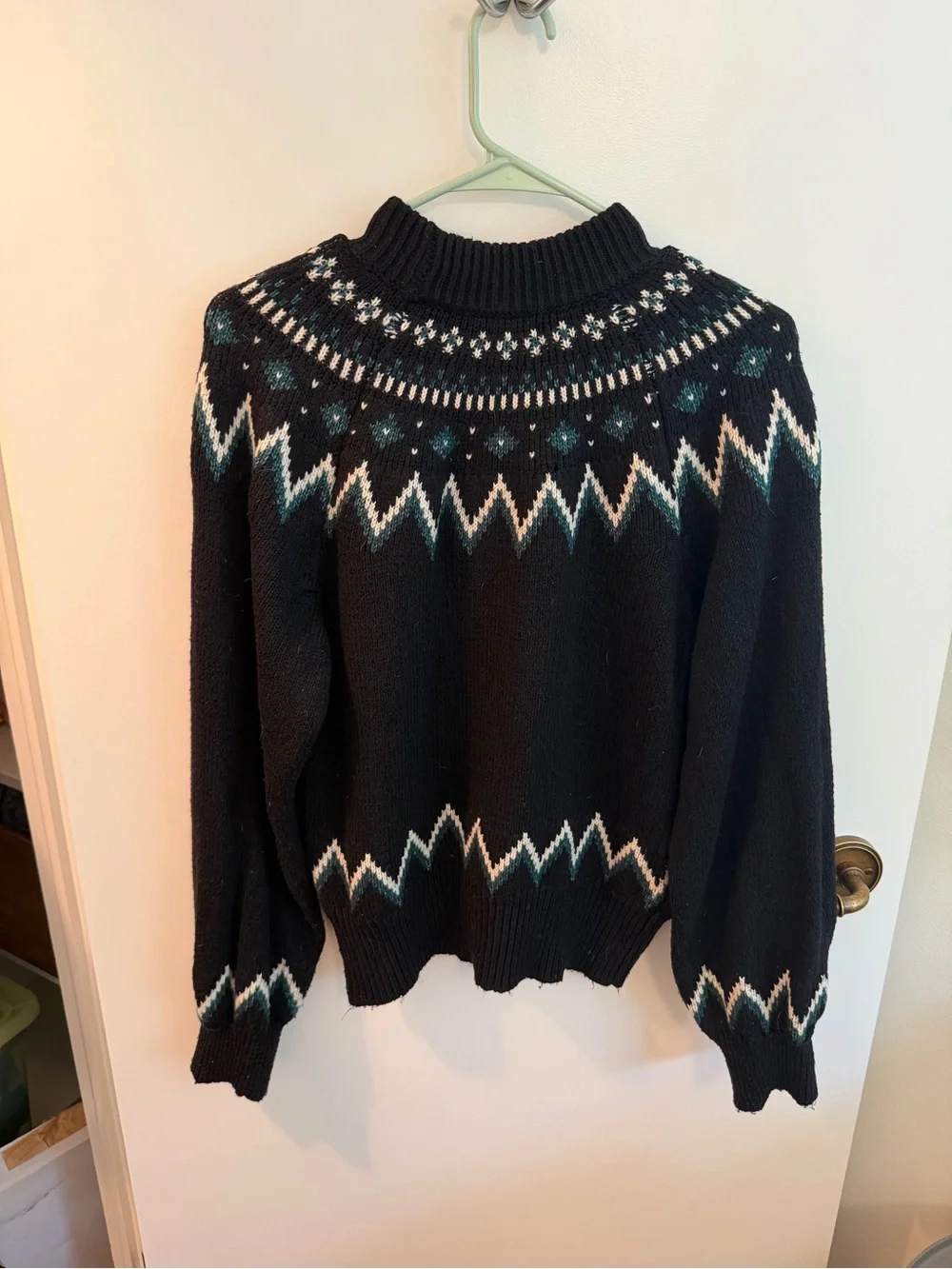 Who What Wear Fair Isle Sweater Black Teal Cream Mock Neck Size M